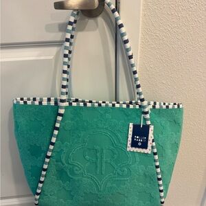Roller Rabbit Teal Green Embossed Tote with Striped Handles